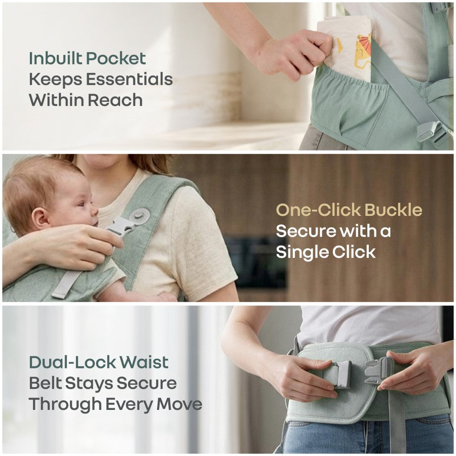 Solo Wrap Comfy 5-in-1 Baby Carrier with Detachable Hip Seat, X Back & Lumbar Support, Ergonomic M Position - Light Sage Green