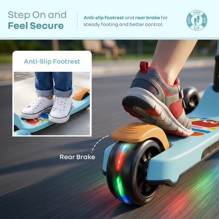 Road Runner Swift Kids Scooter - 3 Level Height Adjustable, Foldable, LED PU Wheels with Gravity Steering - Blue Orange