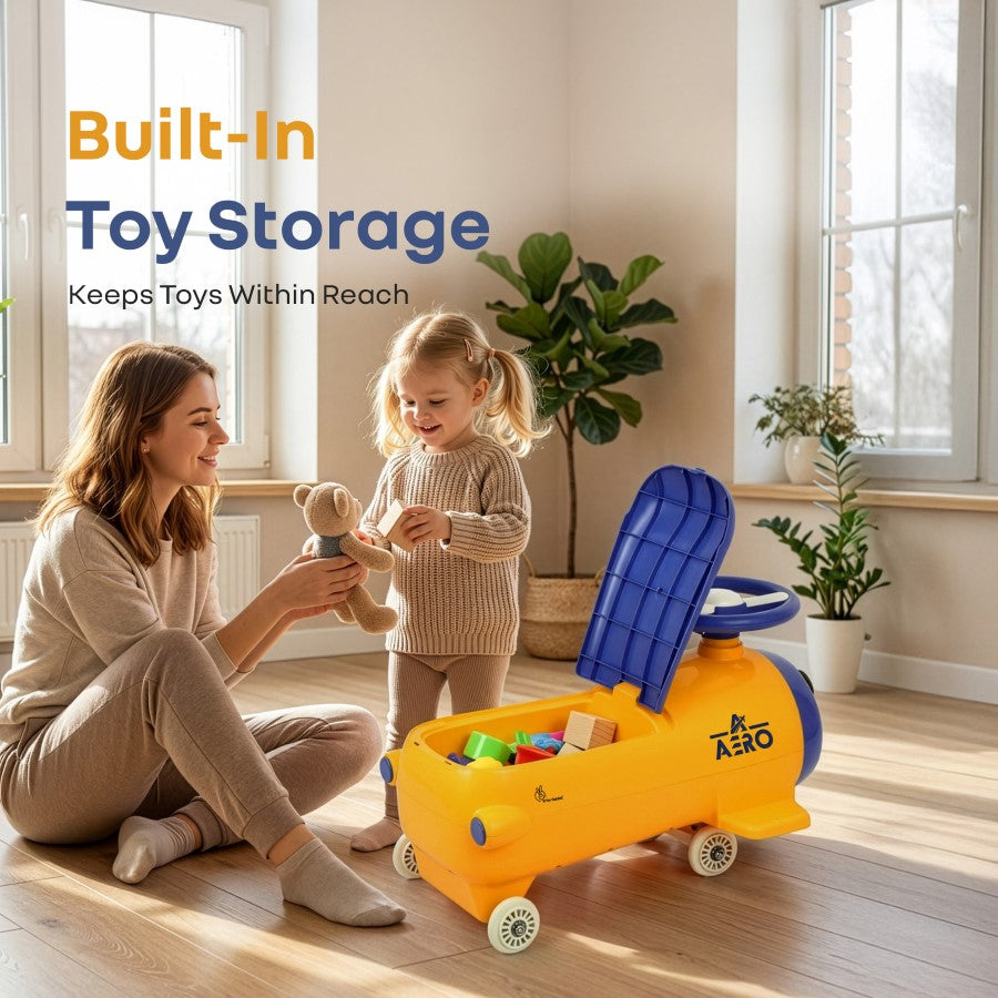 R for Rabbit Iya Iya Aero Ace 2-in-1 Swing Car Ride On for Kids with Toy Storage, Smooth Wheels & ABEC 7 Bearing - Orange Blue