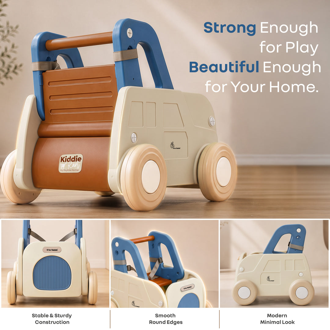 Kiddie Kart 4 in 1 Kids Toy Storage Cart, Sit & Ride, Push Walker & Pull Along, Adjustable Dual Height Handlebar, Quick Plug & Play, Age 0–3 Years – Grey Blue