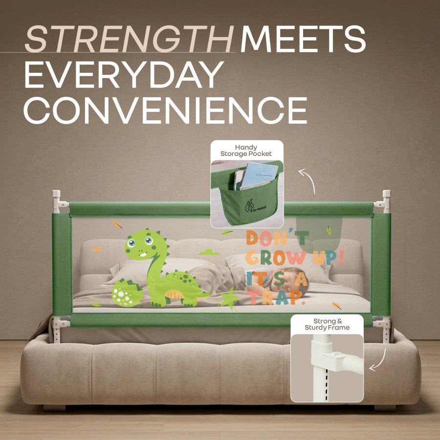 Safari Bed Rail for Baby Easy Install, Anti-Fall Safeguard for Toddler Safety - Dino Green