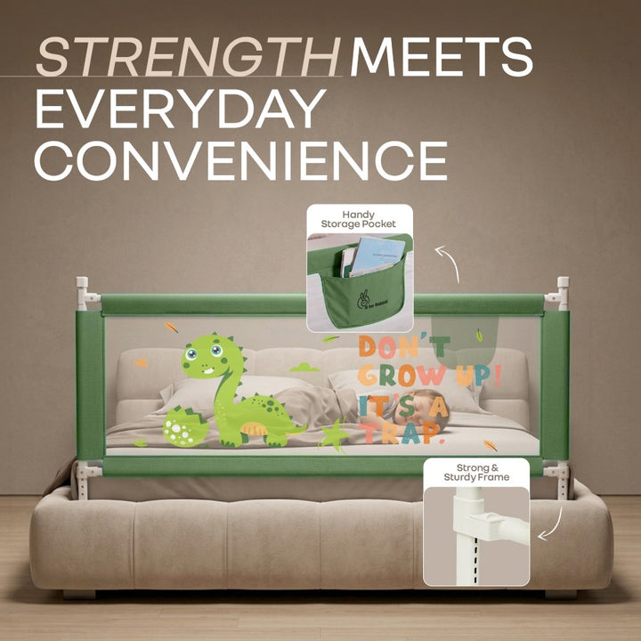 Safari Bed Rail for Baby Easy Install, Anti-Fall Safeguard for Toddler Safety - Dino Green