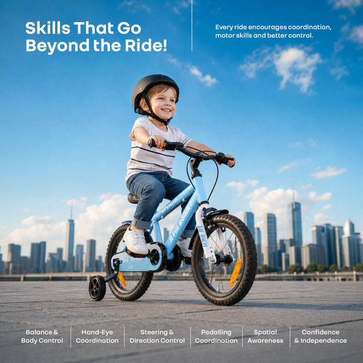 Vroom Bicycle For Kids 16 Inch With 90% Plug And Play For Ease Of Installation, Wide Training Wheels, Adjustable Seat, 4-7yrs, Upto 40kgs - Lake Blue