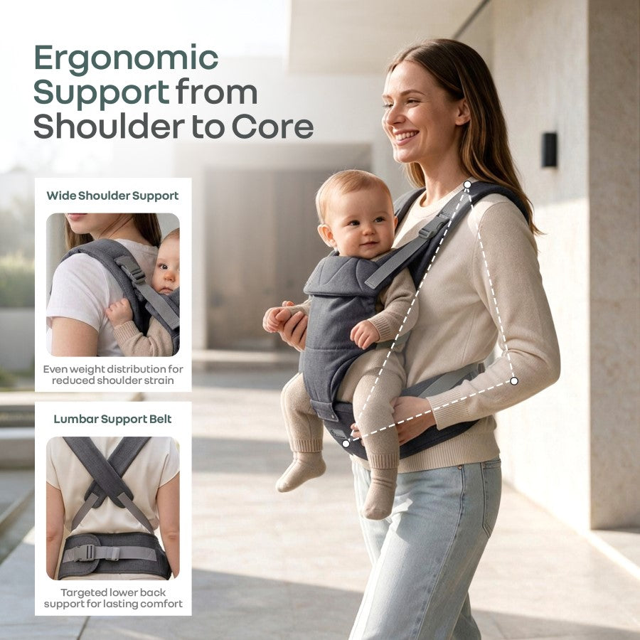Solo Wrap Comfy 5-in-1 Baby Carrier with Detachable Hip Seat, X Back & Lumbar Support, Ergonomic M Position - Charcoal Grey