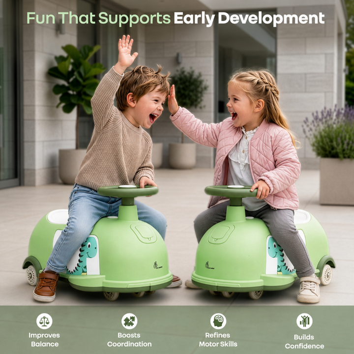 Iya Iya Poppy 3 in 1 Kids Pull Along & Push Ride On Swing Car, Fun Dino Design, Toy Compartment, ABEC 7 Bearing, Age 2+ Years - Green White