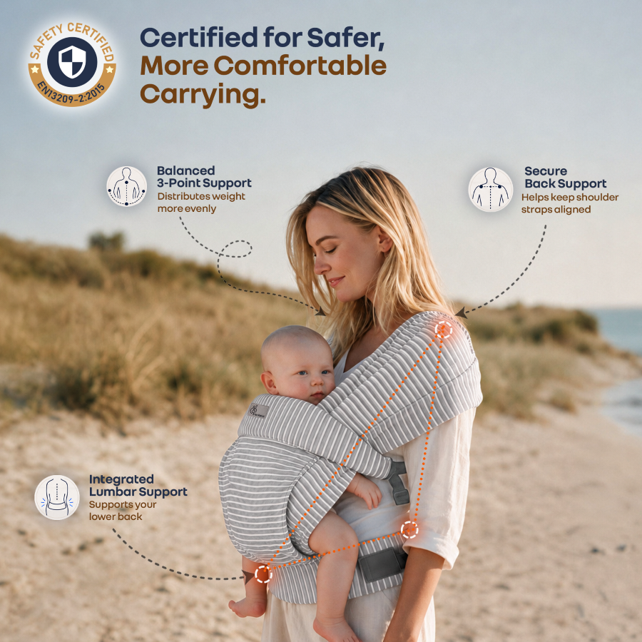 Solo Wrap Flexi Self-Wear Baby Carrier with Feather-Light Cotton Fabric and Ergonomic M-Shape Support – Mist Grey Stripes
