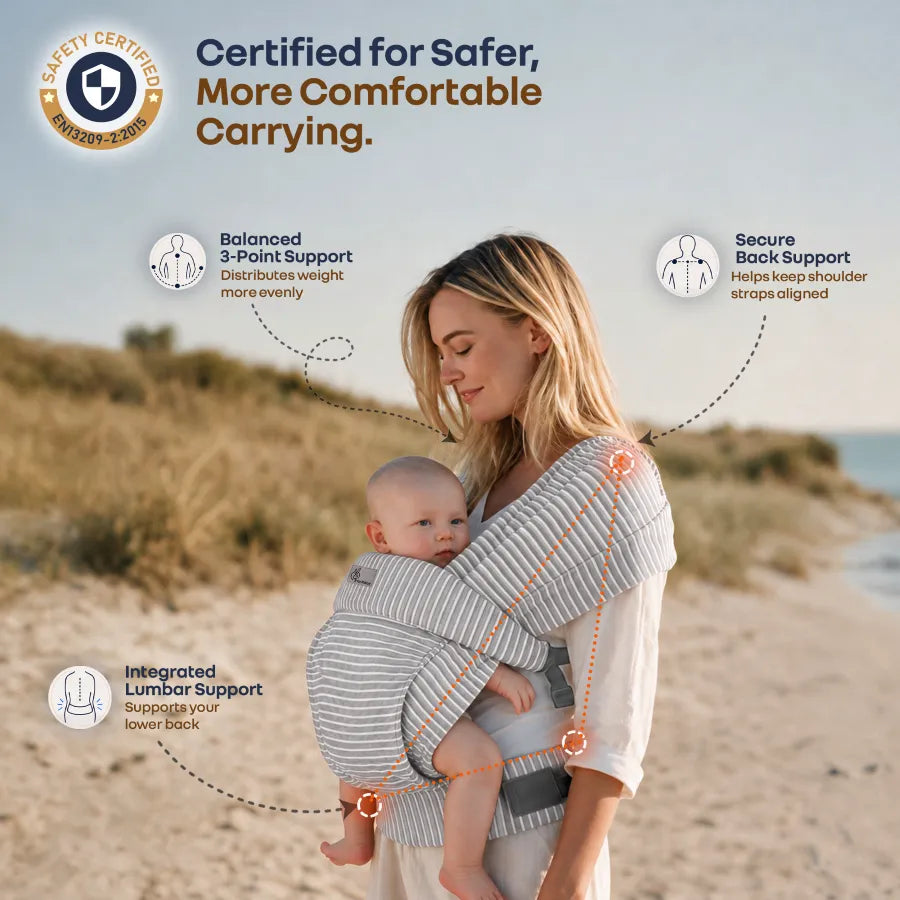 Solo Wrap Flexi Self-Wear Baby Carrier with Feather-Light Cotton Fabric and Ergonomic M-Shape Support – Mist Grey Stripes