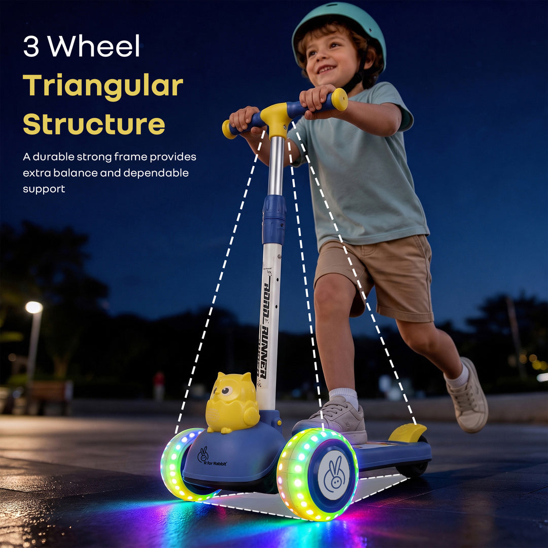 Road Runner Ryder Kids Scooter - PU LED wheels & Multi-Level Height Adjustment - Blue Yellow