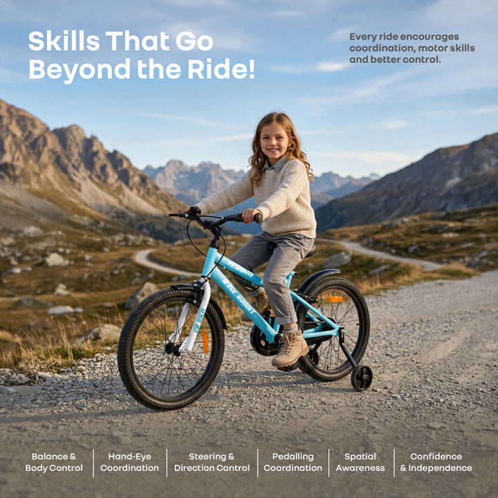 Vroom Bicycle For Kids 20 Inch With 90% Plug And Play For Ease Of Installation, Wide Training Wheels, Adjustable Seat, 7-10yrs, Upto 50kgs - Lake Blue