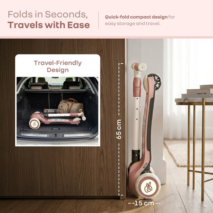 Road Runner Swift Kids Scooter - 3 Level Height Adjustable, Foldable, LED PU Wheels with Gravity Steering - Dusty Rose