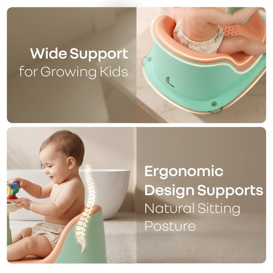 Fun Time Cozy 2 in 1 Baby Bath Seat, Ergonomic TPR Backrest, Quick Draining Mesh, Interactive Toy, Anti-Slip, Age 6+ Months – Peach Mint