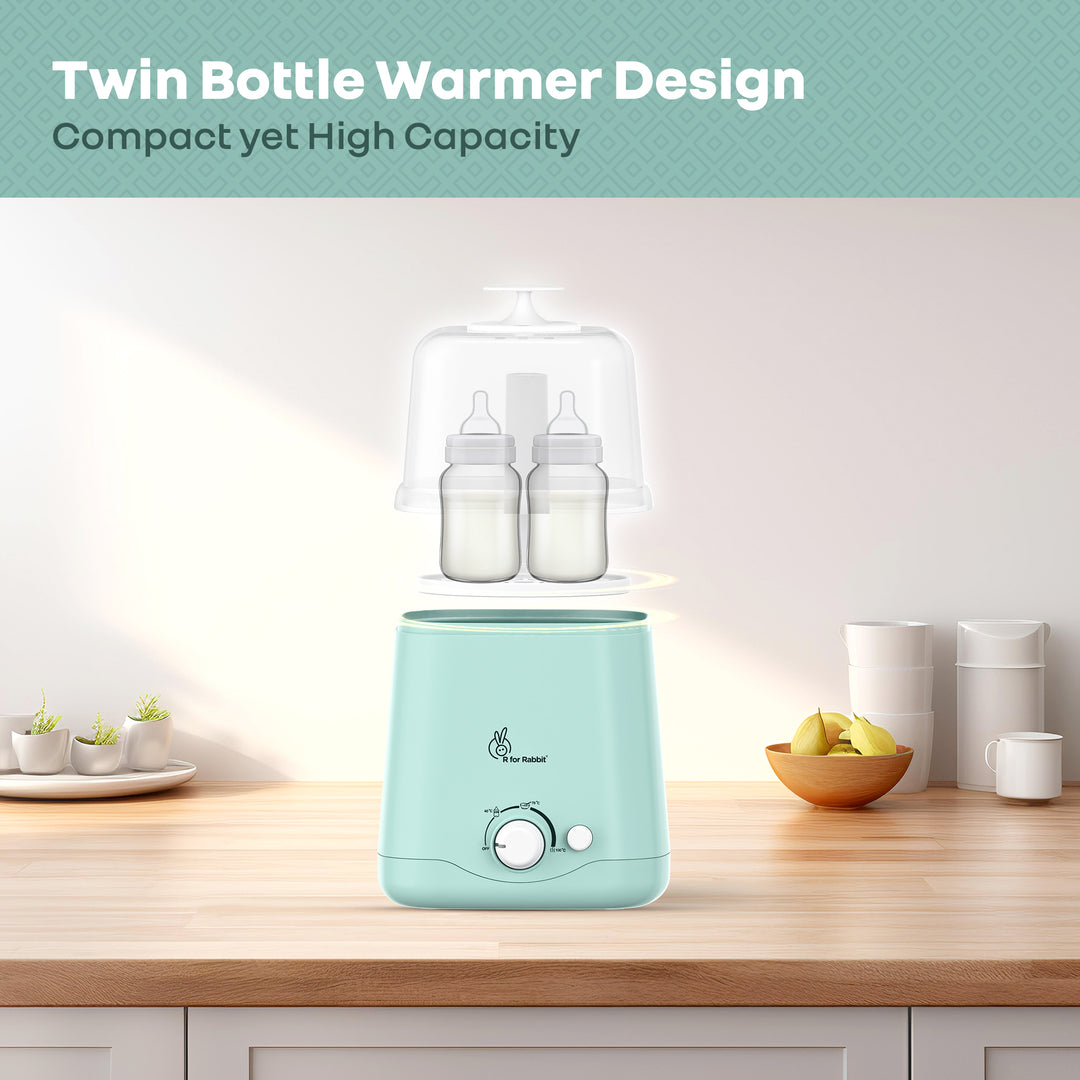 Twin bottle warmer on a kitchen counter with text highlighting its design and capacity.