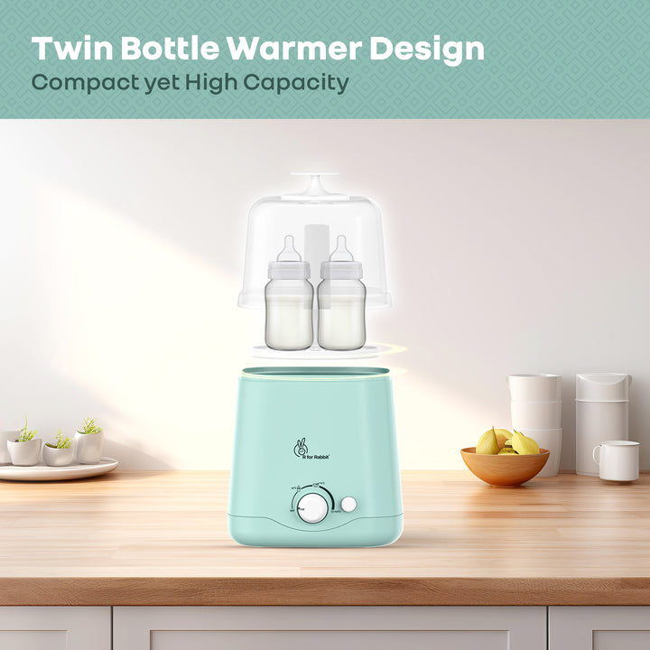 Twin bottle warmer on a kitchen counter with text highlighting its design and capacity.
