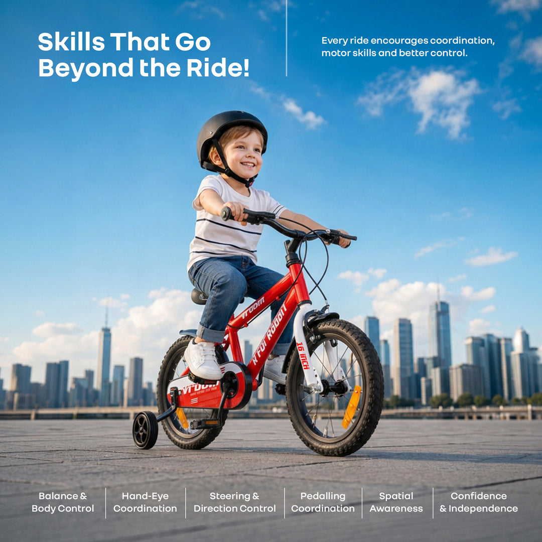 Vroom Bicycle For Kids 16 Inch With 90% Plug And Play For Ease Of Installation, Wide Training Wheels, Adjustable Seat, 4-7yrs, Upto 40kgs - Red