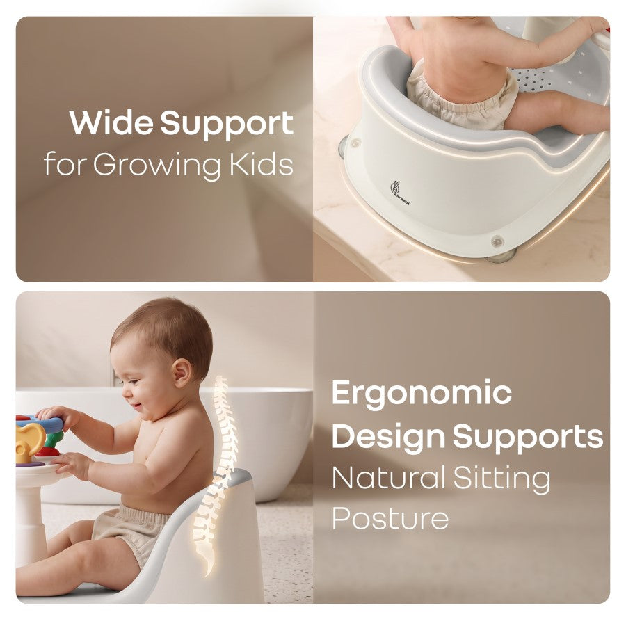 Fun Time Cozy 2 in 1 Baby Bath Seat, Ergonomic TPR Backrest, Quick Draining Mesh, Interactive Toy, Anti-Slip, Age 6+ Months – Grey Ivory