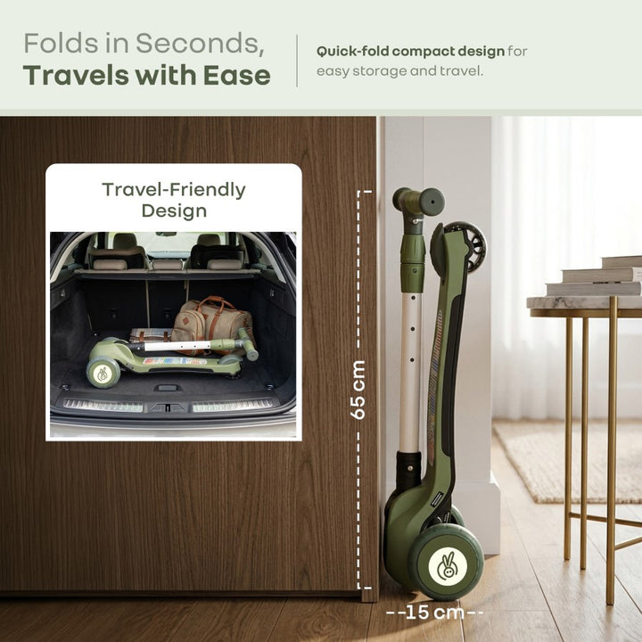 Road Runner Swift Kids Scooter - 3 Level Height Adjustable, Foldable, LED PU Wheels with Gravity Steering - Military Green