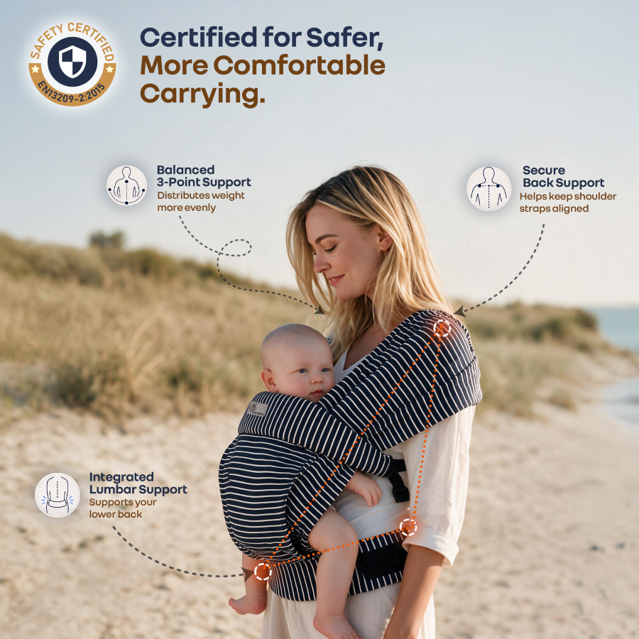 Solo Wrap Flexi Hands-Free Baby Carrier with Dual Carry Positions and 3-Point Support Design – Oxford Blue Stripes
