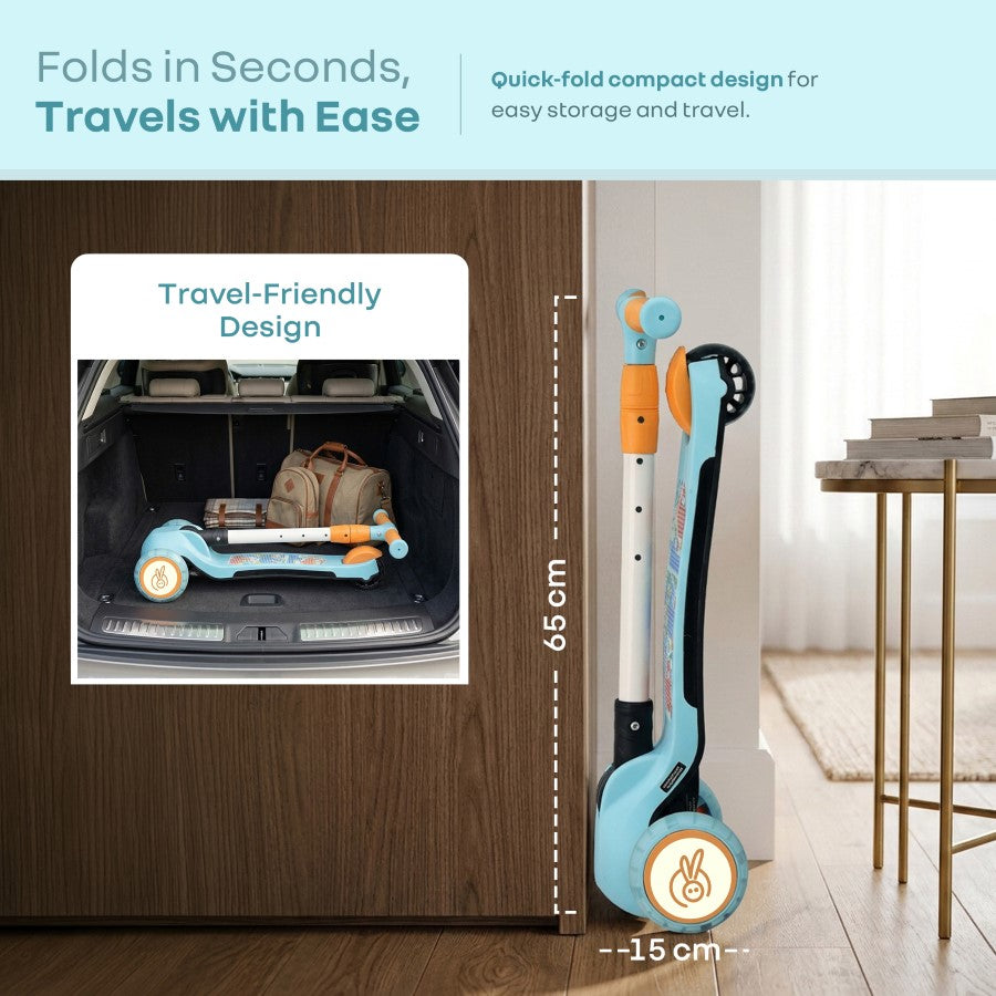 Road Runner Swift Kids Scooter - 3 Level Height Adjustable, Foldable, LED PU Wheels with Gravity Steering - Blue Orange