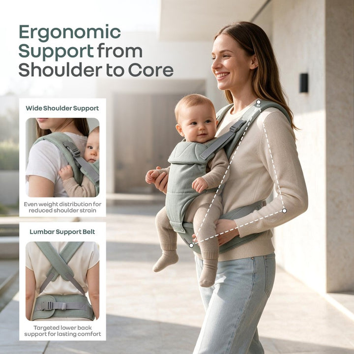 Solo Wrap Comfy 5-in-1 Baby Carrier with Detachable Hip Seat, X Back & Lumbar Support, Ergonomic M Position - Light Sage Green