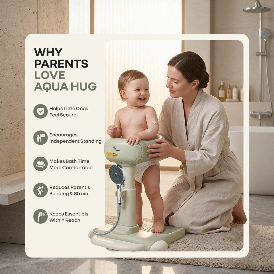 Fun Time Aqua Hug Kids Bath Stand, Wide Adjustable Handrail, Anti-Skid Base, Sturdy Triangular Frame, Built-In Shower Rack, Adjustable Height, Age 9–36 Months – Grecian Green