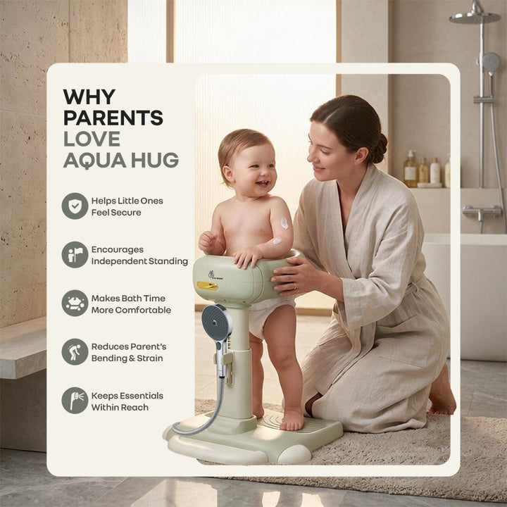 Fun Time Aqua Hug Kids Bath Stand, Wide Adjustable Handrail, Anti-Skid Base, Sturdy Triangular Frame, Built-In Shower Rack, Adjustable Height, Age 9–36 Months – Grecian Green