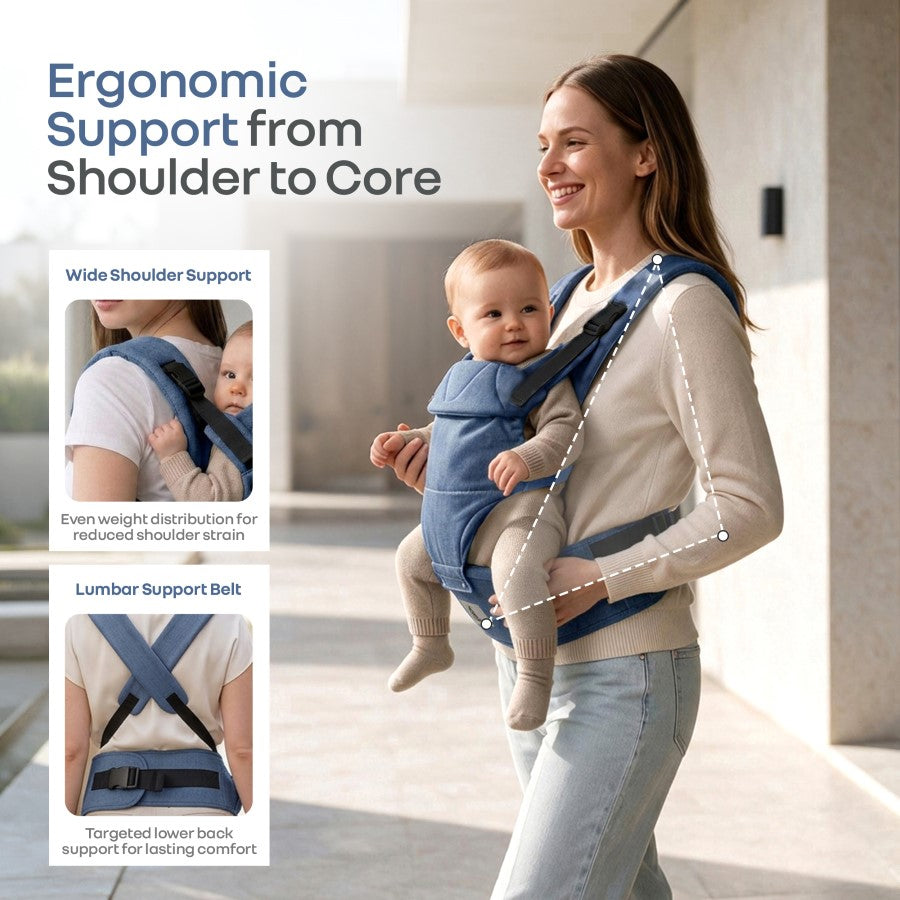 Solo Wrap Comfy 5-in-1 Baby Carrier with Detachable Hip Seat, X Back & Lumbar Support, Ergonomic M Position - Denim Blue
