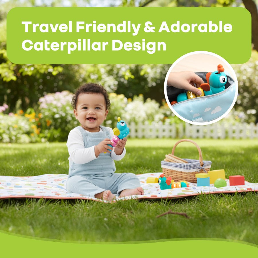 Child playing with a caterpillar toy on a picnic blanket outdoors, with text about travel-friendly design.