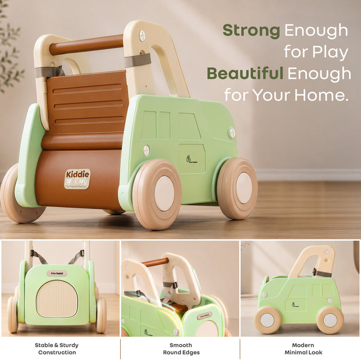 Kiddie Kart 4 in 1 Kids Toy Storage Cart, Sit & Ride, Push Walker & Pull Along, Adjustable Dual Height Handlebar, Quick Plug & Play, Age 0–3 Years – Green Beige