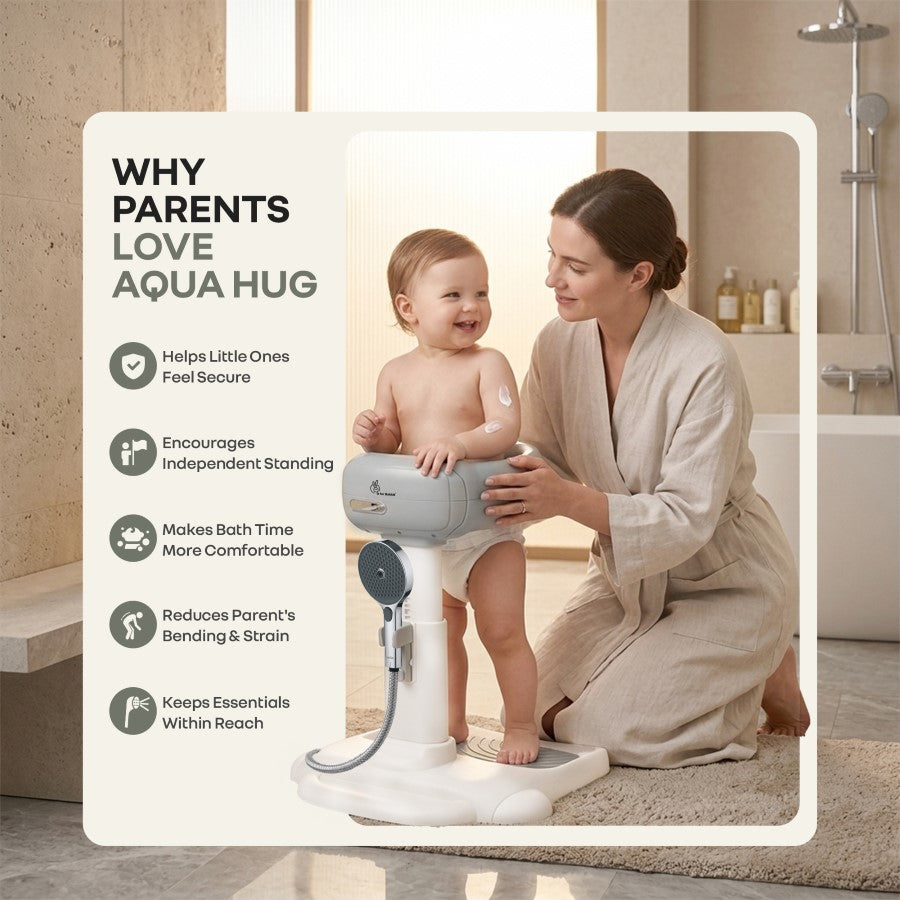 Fun Time Aqua Hug Kids Bath Stand, Wide Adjustable Handrail, Anti-Skid Base, Sturdy Triangular Frame, Built-In Shower Rack, Adjustable Height, Age 9–36 Months – Metallic Grey