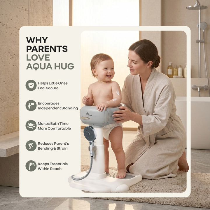 Fun Time Aqua Hug Kids Bath Stand, Wide Adjustable Handrail, Anti-Skid Base, Sturdy Triangular Frame, Built-In Shower Rack, Adjustable Height, Age 9–36 Months – Metallic Grey