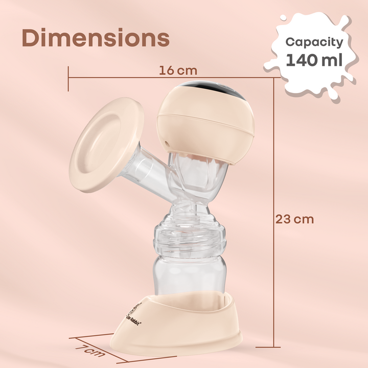 Breast pump with dimensions and capacity information on a pink background