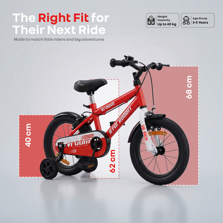 Vroom Bicycle For Kids 16 Inch With 90% Plug And Play For Ease Of Installation, Wide Training Wheels, Adjustable Seat, 4-7yrs, Upto 40kgs - Red