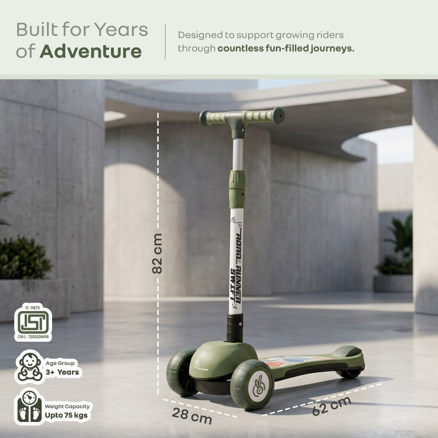 Road Runner Swift Kids Scooter - 3 Level Height Adjustable, Foldable, LED PU Wheels with Gravity Steering - Military Green