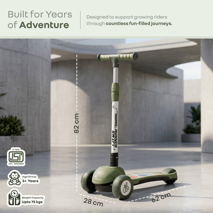 Road Runner Swift Kids Scooter - 3 Level Height Adjustable, Foldable, LED PU Wheels with Gravity Steering - Military Green