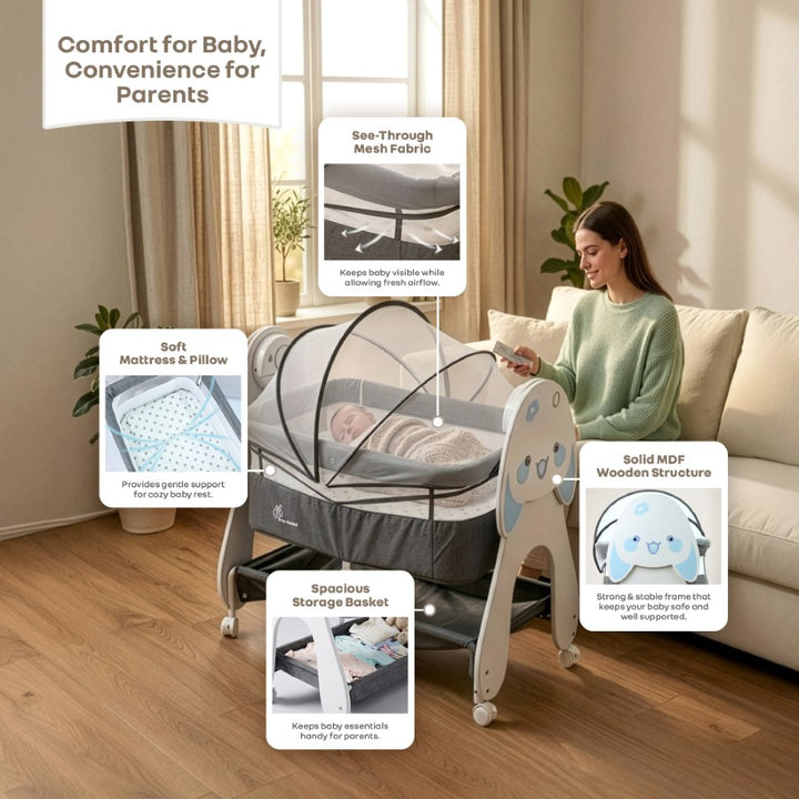 Lullabies Woodsy Bunny Smart Baby Cradle – 2-in-1 Auto Swing Cradle & Bedside Bassinet with Bluetooth Music, Timer, Plush Mattress, Mosquito Net & Storage Basket (0–18 Months)