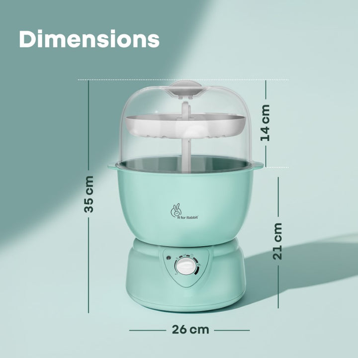 Mint green kitchen appliance with dimensions labeled on a light blue background