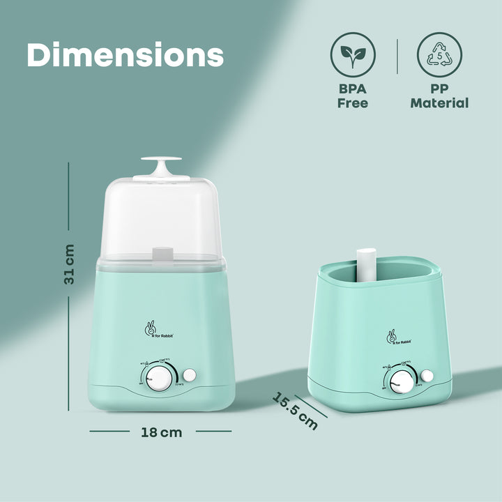Two green baby bottle warmers with dimensions and material information on a light blue background