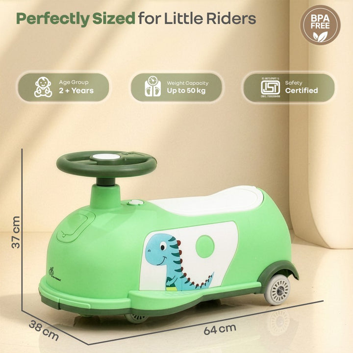 Iya Iya Poppy 3 in 1 Kids Pull Along & Push Ride On Swing Car, Fun Dino Design, Toy Compartment, ABEC 7 Bearing, Age 2+ Years - Green White