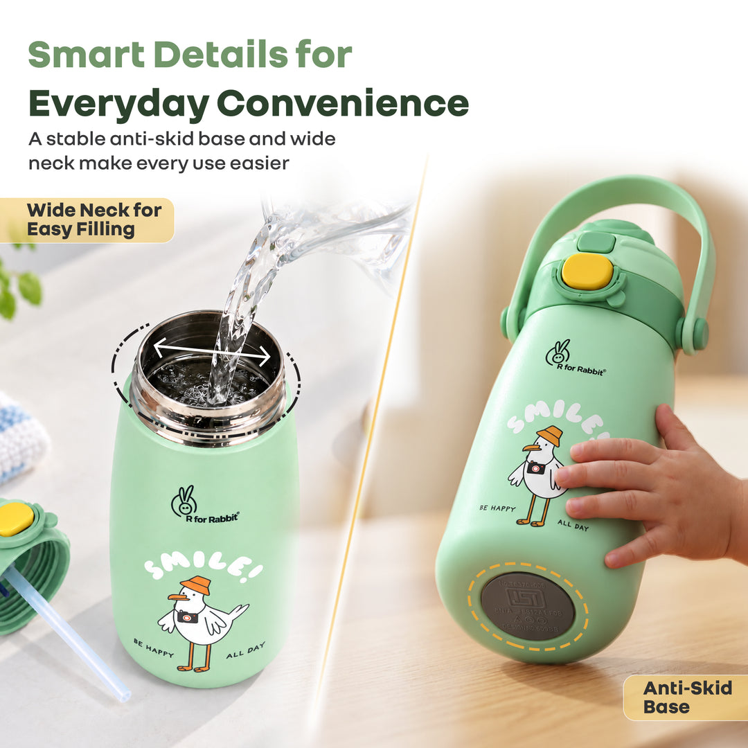 Steebo Duo 2-in-1 Stainless Steel Straw Sipper Bottle 500ml with Double Wall Insulation, Leak Proof Lockable Lid & Anti-Colic Design - Pistachio Green