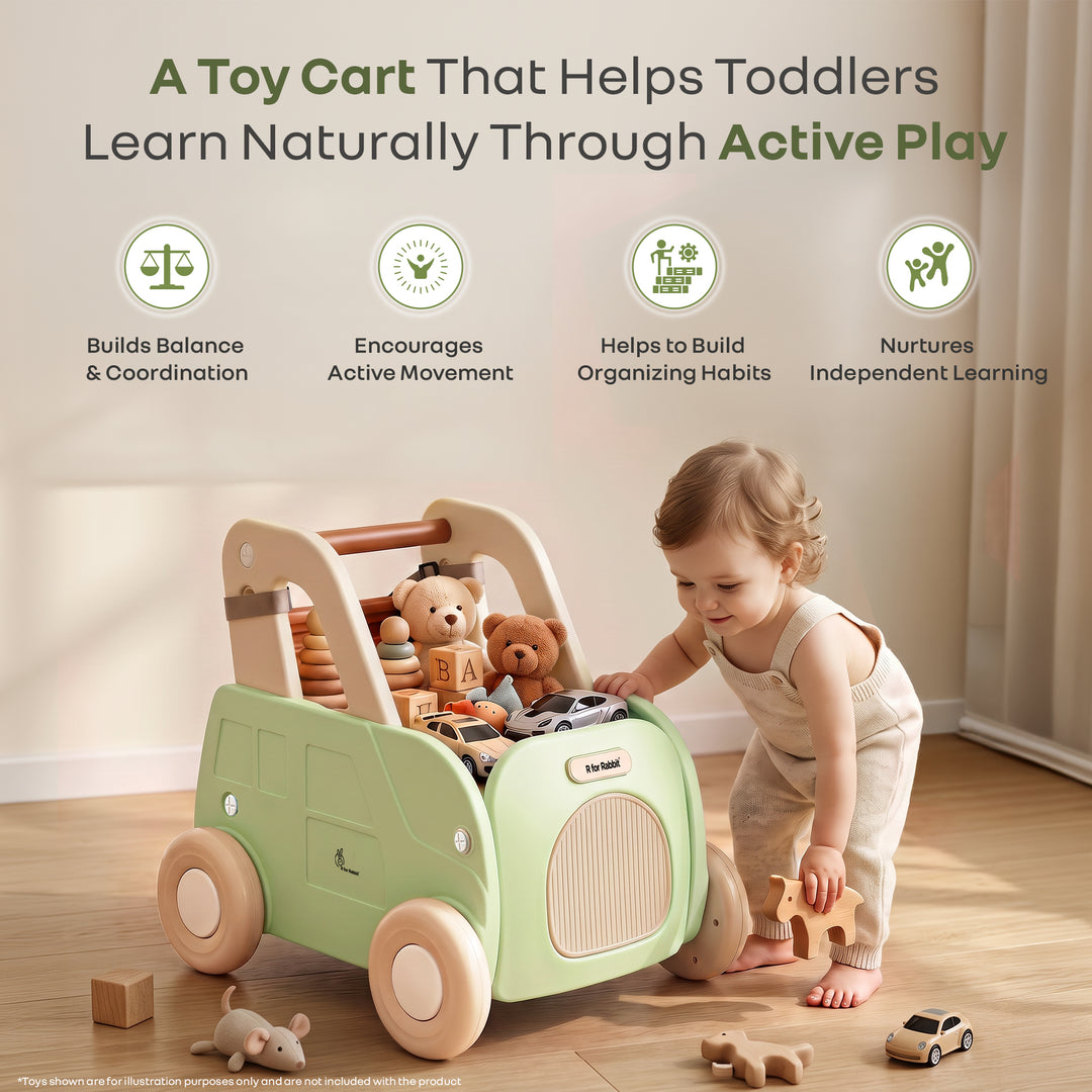 Kiddie Kart 4 in 1 Kids Toy Storage Cart, Sit & Ride, Push Walker & Pull Along, Adjustable Dual Height Handlebar, Quick Plug & Play, Age 0–3 Years – Green Beige