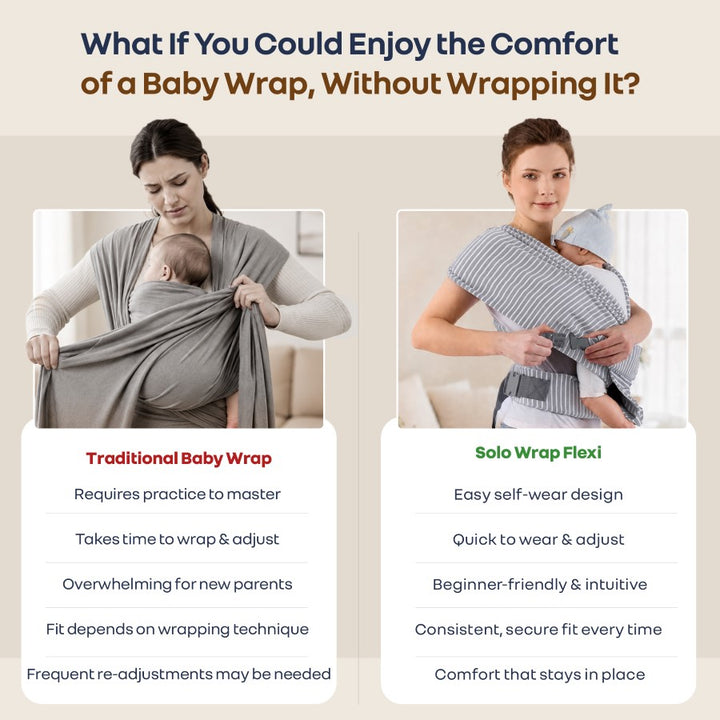 Solo Wrap Flexi Self-Wear Baby Carrier with Feather-Light Cotton Fabric and Ergonomic M-Shape Support – Mist Grey Stripes