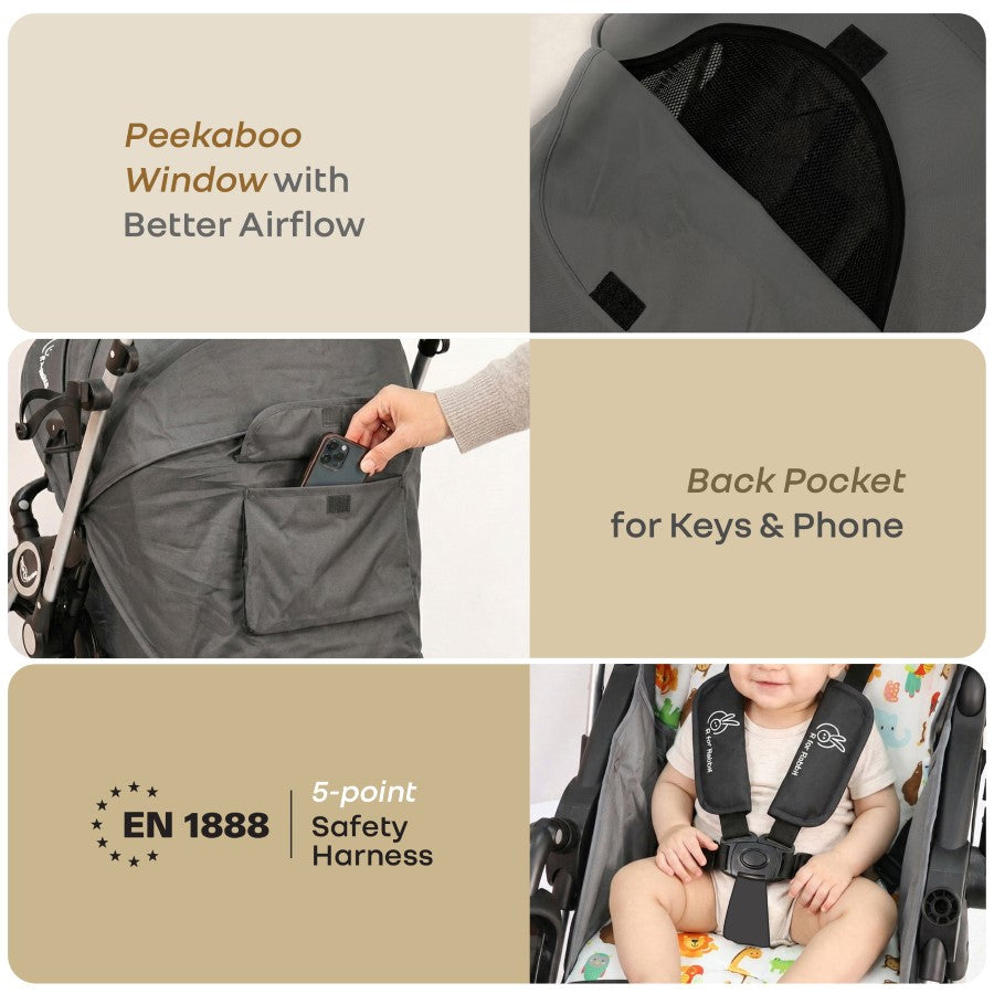 Chocolate Ride Stroller For Kids Reversible Handle, Multiple Recline Positions, Cup Holder with Meal Tray, 5 Point Safety Harness, Storage Basket - Grey Safari