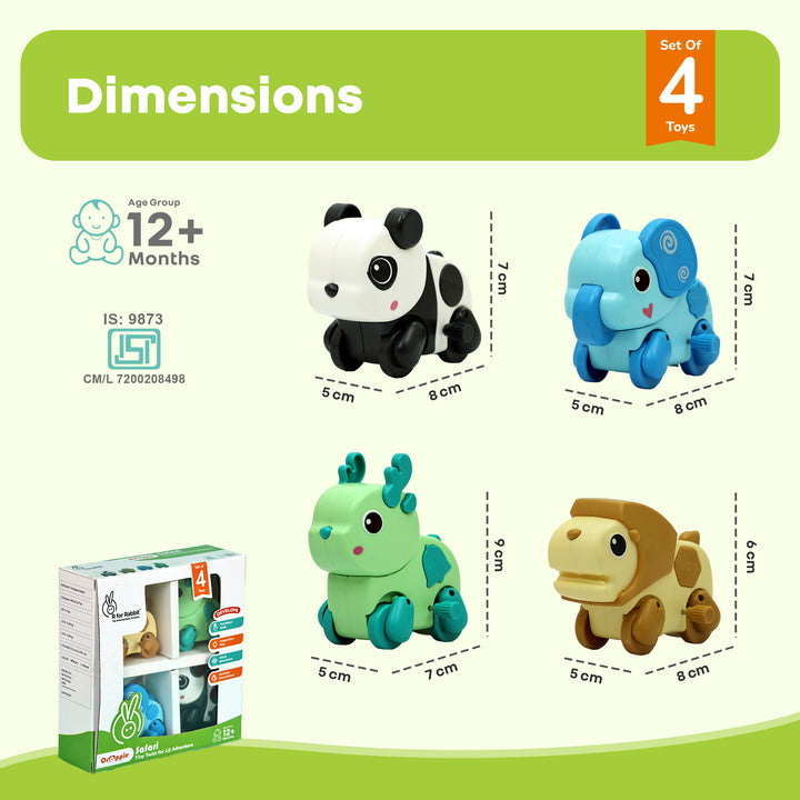 Orapple Safari - Set of 4 Windup Animal Toys for Babies (Panda, Lion, Elephant, Deer)