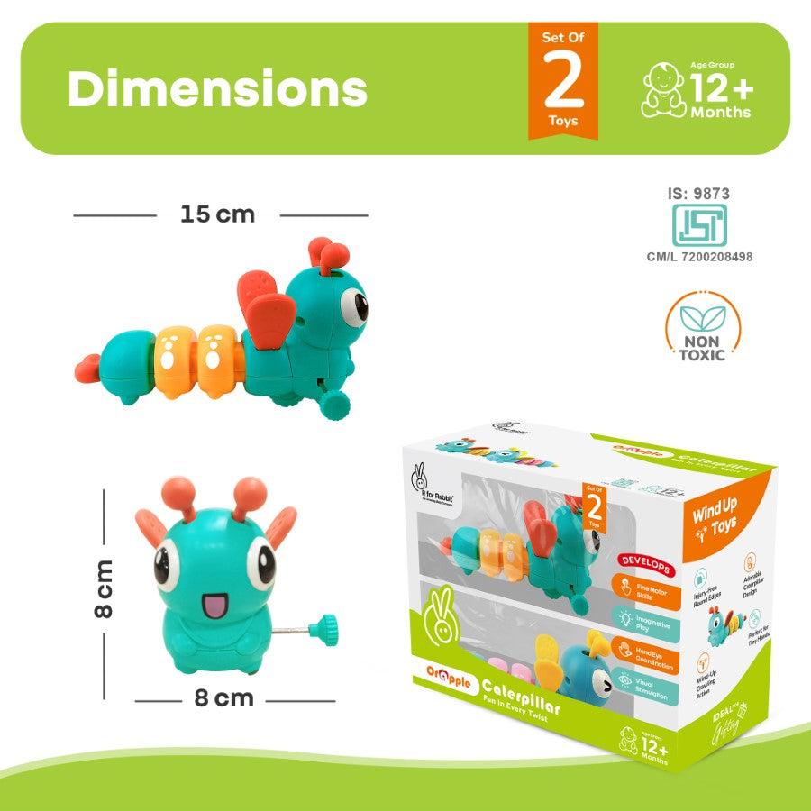 Set of two wind-up caterpillar toys with dimensions and packaging on a white background