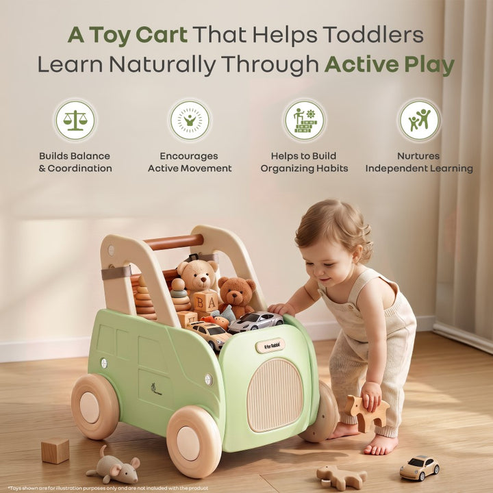 Kiddie Kart 4 in 1 Kids Toy Storage Cart, Sit & Ride, Push Walker & Pull Along, Adjustable Dual Height Handlebar, Quick Plug & Play, Age 0–3 Years – Green Beige