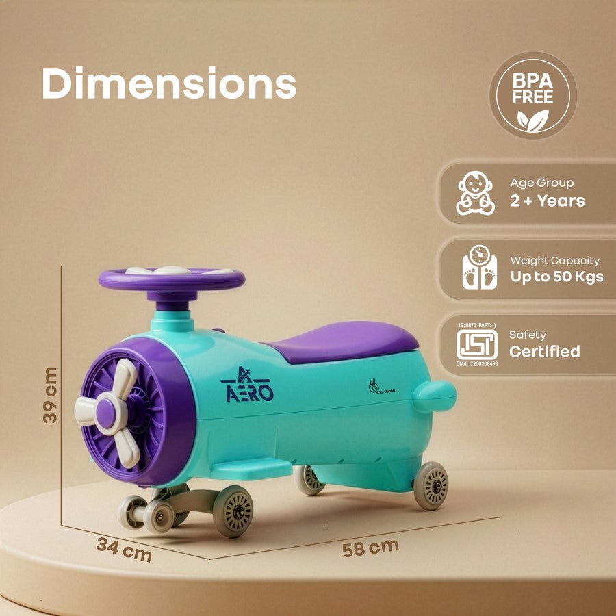 R for Rabbit Iya Iya Aero Ace 2-in-1 Swing Car Ride On for Kids with Toy Storage, Smooth Wheels & ABEC 7 Bearing - Green Purple