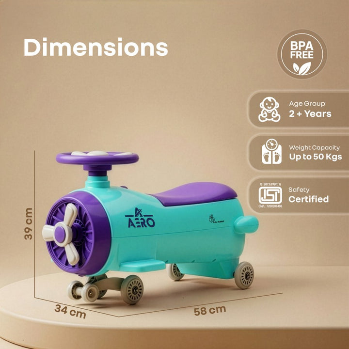 R for Rabbit Iya Iya Aero Ace 2-in-1 Swing Car Ride On for Kids with Toy Storage, Smooth Wheels & ABEC 7 Bearing - Green Purple