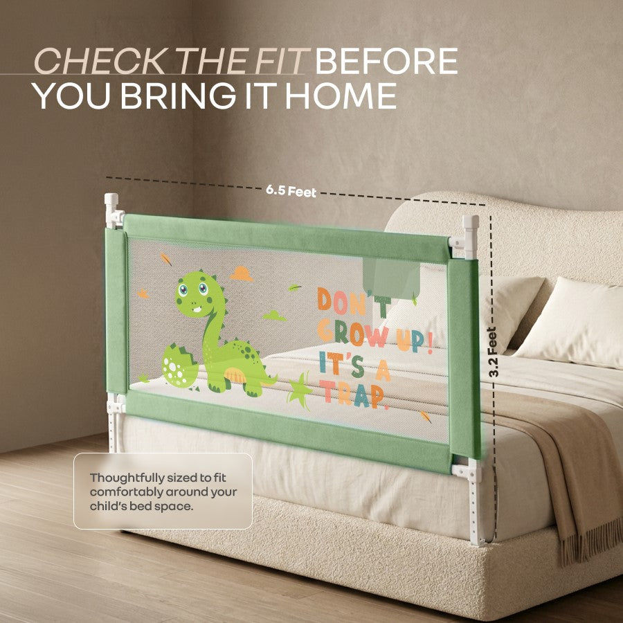 Safari Bed Rail for Baby Easy Install, Anti-Fall Safeguard for Toddler Safety - Dino Green