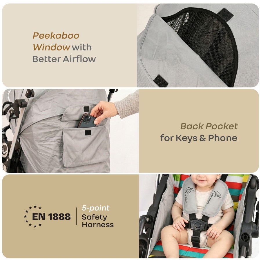 Chocolate Ride Stroller For Kids Reversible Handle, Multiple Recline Positions, Cup Holder with Meal Tray, 5 Point Safety Harness, Storage Basket - Rainbow