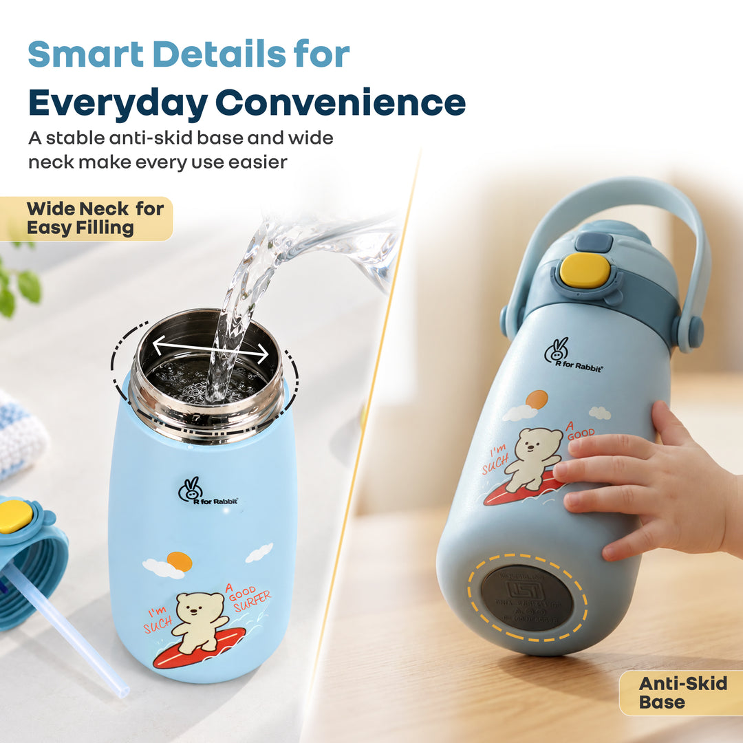 Steebo Duo 2-in-1 Stainless Steel Straw Sipper Bottle 500ml with Double Wall Insulation, Leak Proof Lockable Lid & Anti-Colic Design - Ice Blue